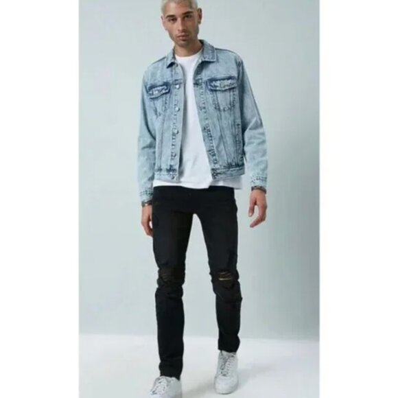 NEW Forever 21 Alphonse Mucha Stained Glass Acid Wash Blue Denim Jacket S - Picture 4 of 10